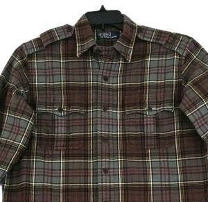 Polo Ralph Lauren Shirt Mens M Epaulet Military Green Red Tartan Plaid Flannel